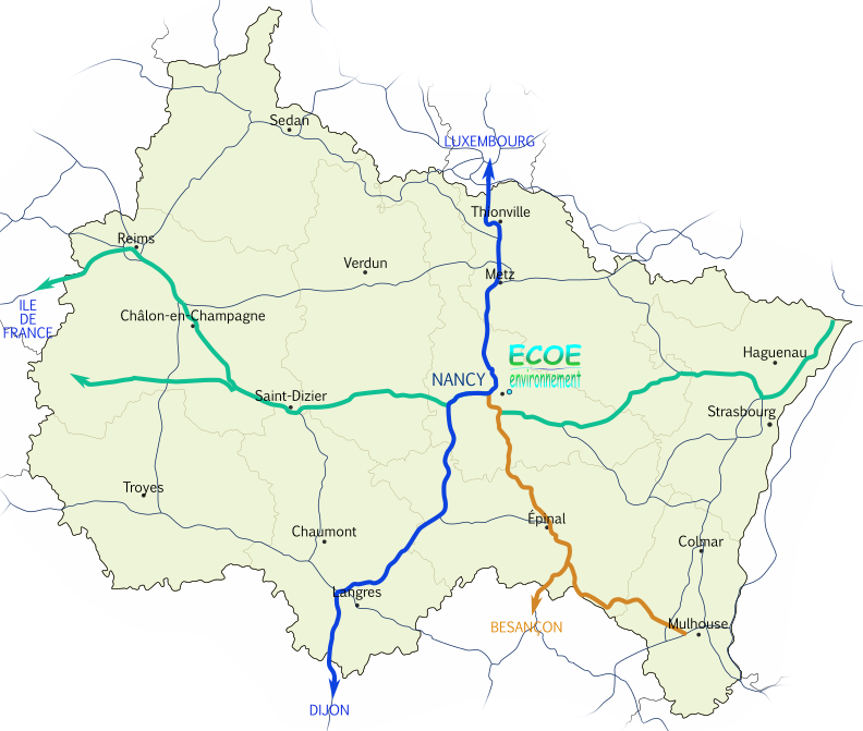 Carte du Grand Est avec les départements, les principales villes et les axes A31, N4 et N57